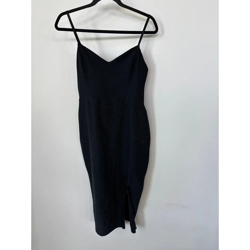 Beyond Yoga Black Spacedye Midi Dress V-Neck Lace Trim Side Slit Womens Medium